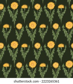 Vector pattern with sketched yellow dandelions with leaves in row on dark green background. Botanical scrawl floral texture for fabrics. Wallpaper with tile of scribble taraxacums