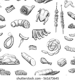 Vector pattern of sketches of meat products on a white background. 