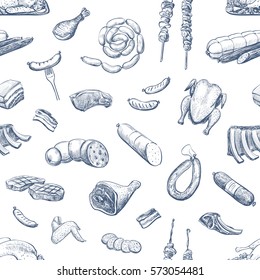 Vector pattern of sketches of meat products and delicacies on a white background