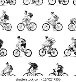 Vector pattern of the sketches of young cyclists