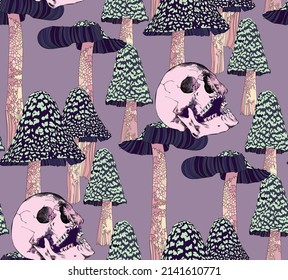 Vector pattern of a skull with mushrooms in the style of the 70s