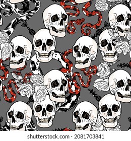 Vector pattern of skull and snake on a colored background. Gothic seamless illustration for designers, blank, textile, print on paper