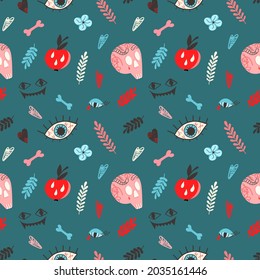 Vector pattern with a skull, tattoos, bones, apple, eyes, in a flat style on a dark background. Illustration for Halloween, T-shirts, gift wrapping, postcards, banners