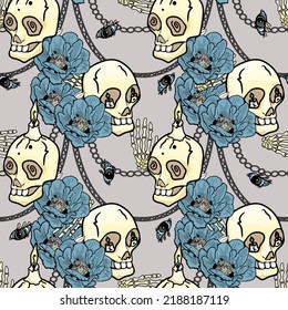 Vector pattern of skulls, chains and. tropical flowers. Halloween seamless illustration for textile printing,