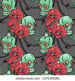 Vector pattern of skulls, chains and. tropical flowers. Halloween seamless illustration for textile printing,