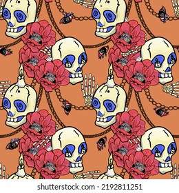 Vector pattern of skulls, chains and. tropical flowers. Halloween seamless illustration for textile printing,