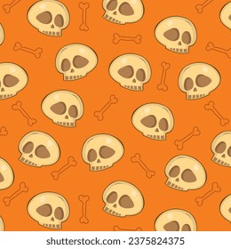 Vector pattern with skulp and bones and eyes on orange  background. Element for horror design, Halloween celebrated concept.