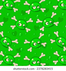 Vector pattern with skulp and bones with eyes on green background. Element for horror design, Halloween celebrated concept.