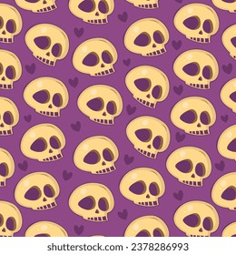 Vector pattern with skulp and bones and hearts on violet background. Element for horror design, Halloween celebrated concept.