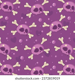 Vector pattern with skulp and bones on violet background. Element for horror design, Halloween celebrated concept.