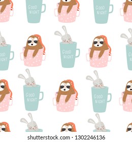 vector pattern with sleeping hares and sloths