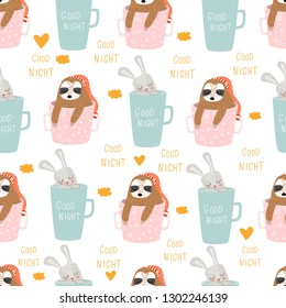 vector pattern with sleeping hares and sloths