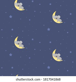 Vector pattern with sleeping koalas , star sky. Dark blue childish repeated ornament for textile print, wrapping paper or wallpapers