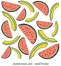 Vector pattern with slices of watermelon and melon