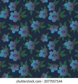 Vector pattern with small and big  dark blue flowers on a dark background. Ornament for textiles, printing, decoration, surfaces on the themes of nature, gardening, floristry.