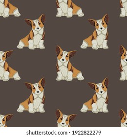 Patrón vectorial con perros pequeños en un fondo oscuro.