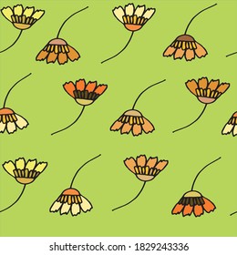 Vector pattern with small flowers of brown shades on a green background. A flower with four petals. Printing on clothes, in the interior. Seamless pattern.