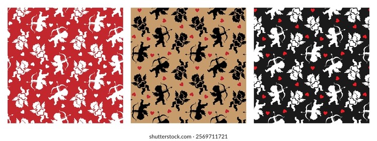 Vector pattern with small hearts and cherubs (cupids) shooting from a bow and holding hearts. Beige, red and black colors. Beautiful and modern background for valentine's day