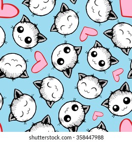 Vector pattern with smiling cats and hearts on light blue background. Seamless pattern can be used for wallpaper, pattern fills, web page background, surface textures.