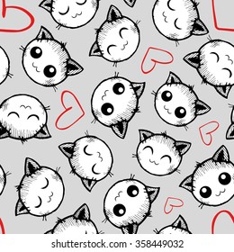 Vector pattern with smiling cats and hearts on grey background. Seamless pattern can be used for wallpaper, pattern fills, web page background, surface textures.