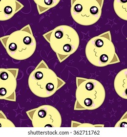 Vector pattern with smiling cats on dark violet background with stars, planets, comets and hearts. Seamless pattern can be used for wallpaper, pattern fills, web page background, surface textures.