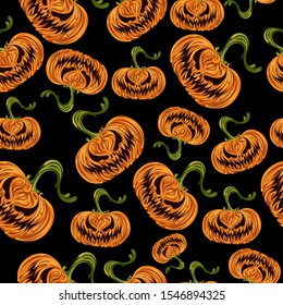 Vector pattern with smiling halloween pumpkins on a black background