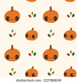 vector pattern with smiling pumpkin elements and colorful autumn leaves