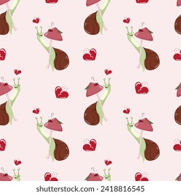 Patrón vectorial con caracoles y corazones para el día de San Valentín sobre fondo rosa