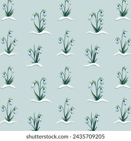 Vector pattern with snowdrops.Spring snowdrops on a color photo in a seamless vector pattern.