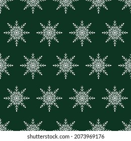 Patrón vectorial con copos de nieve sobre un fondo verde. Patrón para Año Nuevo y Navidad. Adecuado para el fondo y el papel de envoltura en la versión invernal. Elementos decorativos de época.