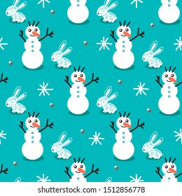 Vector pattern with snowmen and bunnies in Scandinavian style. For textile, background, fabric, packaging paper, background, Wallpaper.
