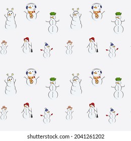 Vector pattern snowmen in different clothes with carrot noses. Snowmen in funny hats.