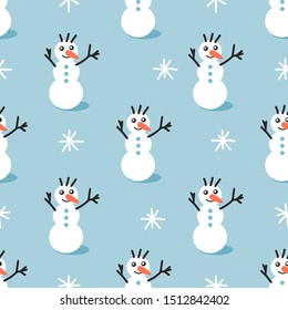 Vector pattern with snowmen and snowflakes in Scandinavian style. For textile, background, fabric, packaging paper, background, Wallpaper.