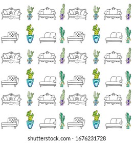 Vector pattern. Sofas and cacti. Doodle style. Cute pattern for home, office store, Wallpaper and wrapping paper.