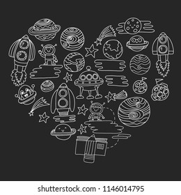 Vector pattern with space icons. Doodle kids drawing style illustration for kindergarten, school. Cosmos exploration, travel, adventure. Planets, earth, moon, saturn, jupiter, comet.