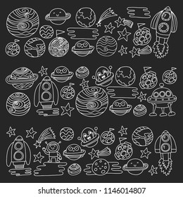 Vector pattern with space icons. Doodle kids drawing style illustration for kindergarten, school. Cosmos exploration, travel, adventure. Planets, earth, moon, saturn, jupiter, comet.