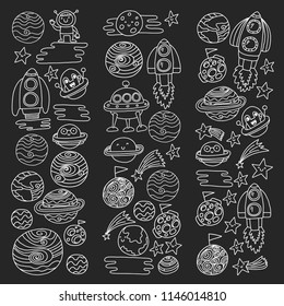 Vector pattern with space icons. Doodle kids drawing style illustration for kindergarten, school. Cosmos exploration, travel, adventure. Planets, earth, moon, saturn, jupiter, comet.