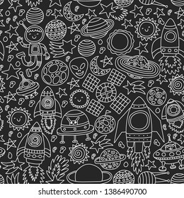 Vector pattern with space icons, planets, spaceships, stars, comets, rockets, space shuttle, flying saucers.