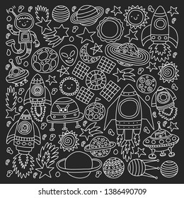 Vector pattern with space icons, planets, spaceships, stars, comets, rockets, space shuttle, flying saucers.