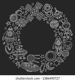Vector pattern with space icons, planets, spaceships, stars, comets, rockets, space shuttle, flying saucers.