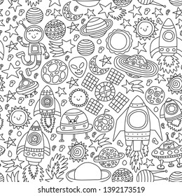 Vector pattern with space icons, planets, spaceships, stars, comets, rockets, space shuttle, flying saucers.