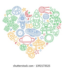Vector pattern with space icons, planets, spaceships, stars, comets, rockets, space shuttle, flying saucers.