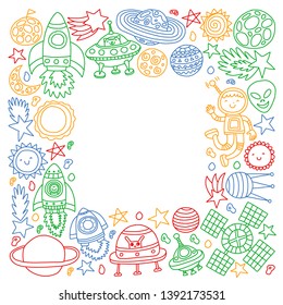 Vector pattern with space icons, planets, spaceships, stars, comets, rockets, space shuttle, flying saucers.