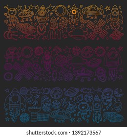 Vector pattern with space icons, planets, spaceships, stars, comets, rockets, space shuttle, flying saucers.