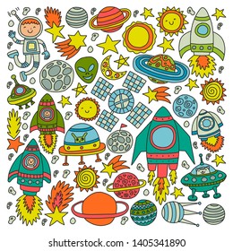 Vector pattern with space icons, planets, spaceships, stars, comets, rockets, space shuttle, flying saucers.