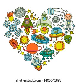Vector pattern with space icons, planets, spaceships, stars, comets, rockets, space shuttle, flying saucers.