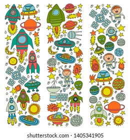 Vector pattern with space icons, planets, spaceships, stars, comets, rockets, space shuttle, flying saucers.