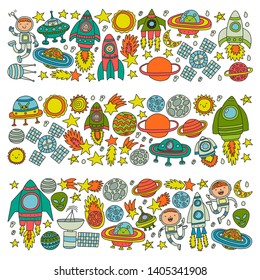 Vector pattern with space icons, planets, spaceships, stars, comets, rockets, space shuttle, flying saucers.