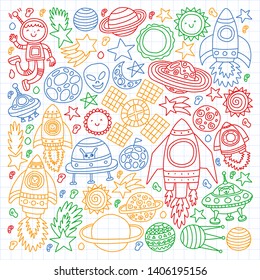 Vector pattern with space icons, planets, spaceships, stars, comets, rockets, space shuttle, flying saucers.