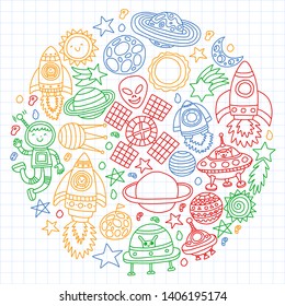 Vector pattern with space icons, planets, spaceships, stars, comets, rockets, space shuttle, flying saucers.